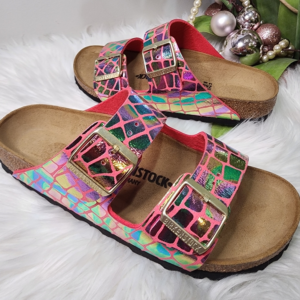 Birkenstock Pink and Green Holographic Sandals